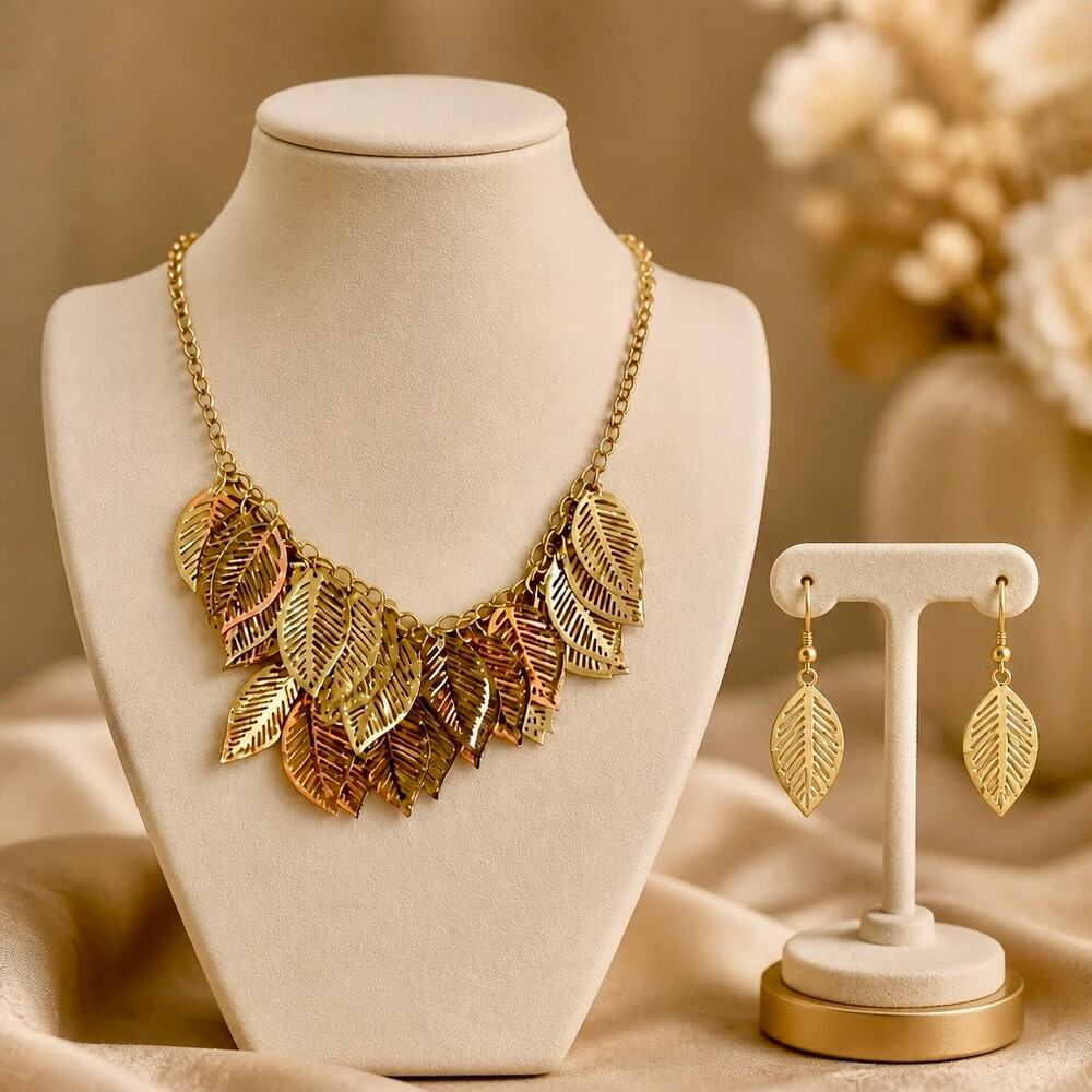 "Golden Laurel" Wardrobe: Matching Leaf Bib Necklace & 2x Earring Curated Set